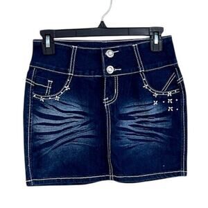 SILVER DIVA Micro Mini Jean Skirt Junior 5 Rhinestones Distressed Low Rise NWT